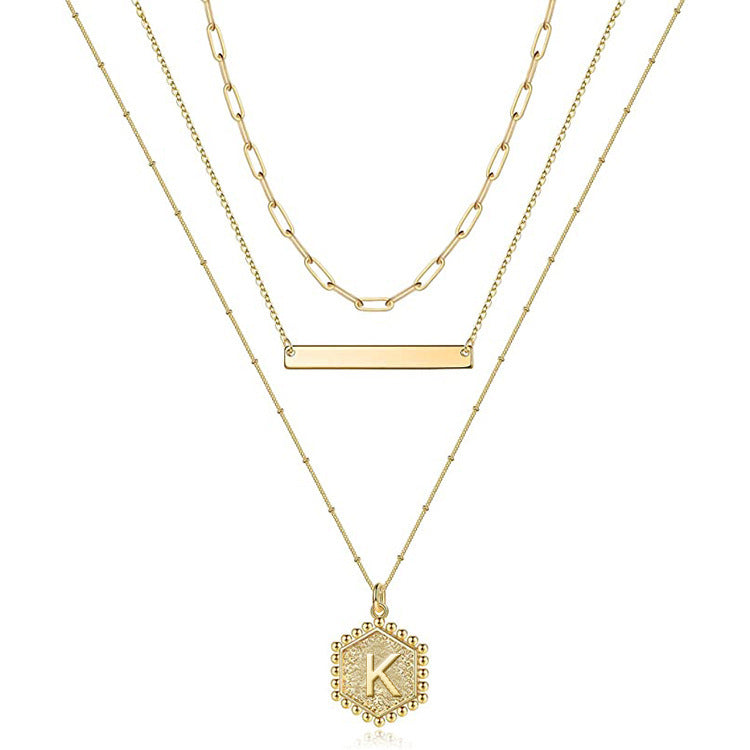 Triple letter necklace hexagonal 26 letter pendant rice bead chain necklace layered necklace women