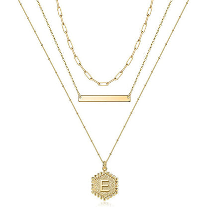 Triple letter necklace hexagonal 26 letter pendant rice bead chain necklace layered necklace women