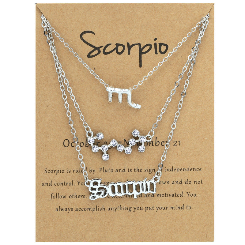 Twelve signs of the zodiac vintage letters symbols set diamond three pieces clavicle chain