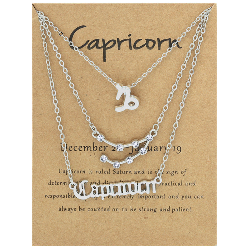 Twelve signs of the zodiac vintage letters symbols set diamond three pieces clavicle chain