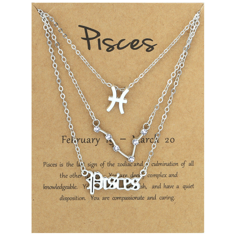 Twelve signs of the zodiac vintage letters symbols set diamond three pieces clavicle chain