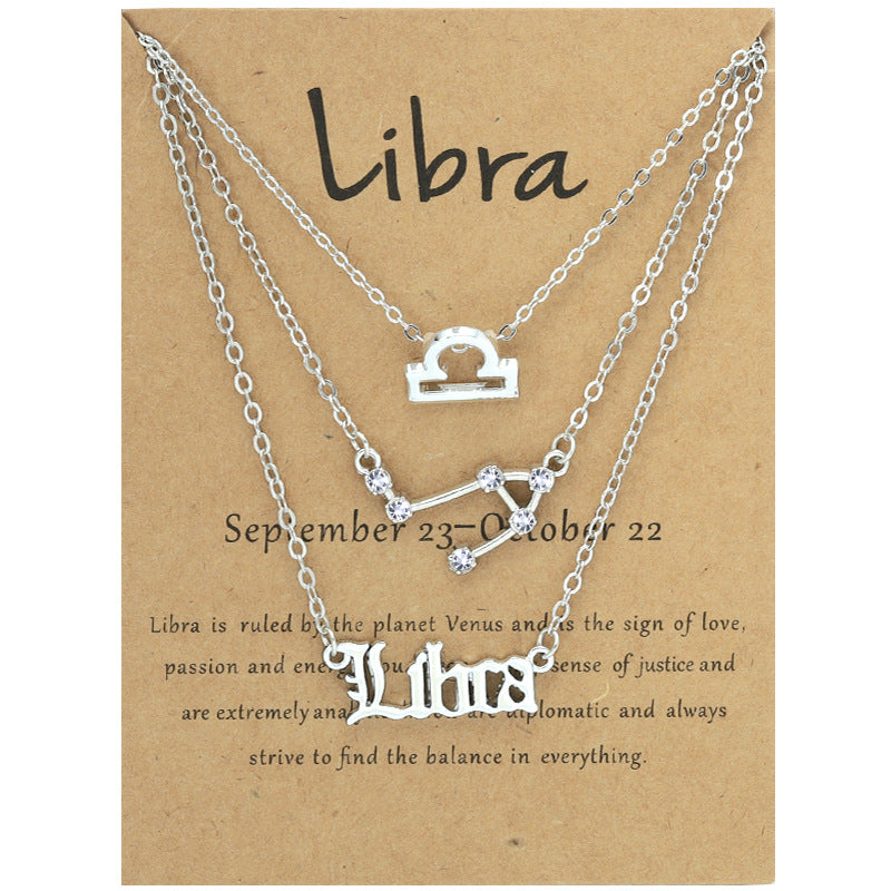 Twelve signs of the zodiac vintage letters symbols set diamond three pieces clavicle chain