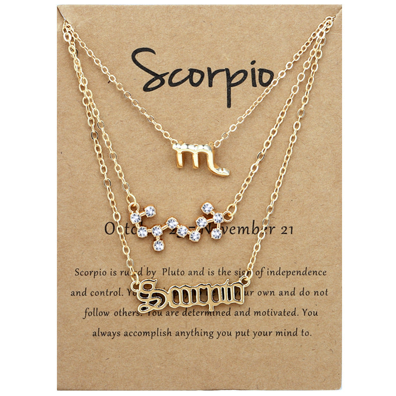 Twelve signs of the zodiac vintage letters symbols set diamond three pieces clavicle chain