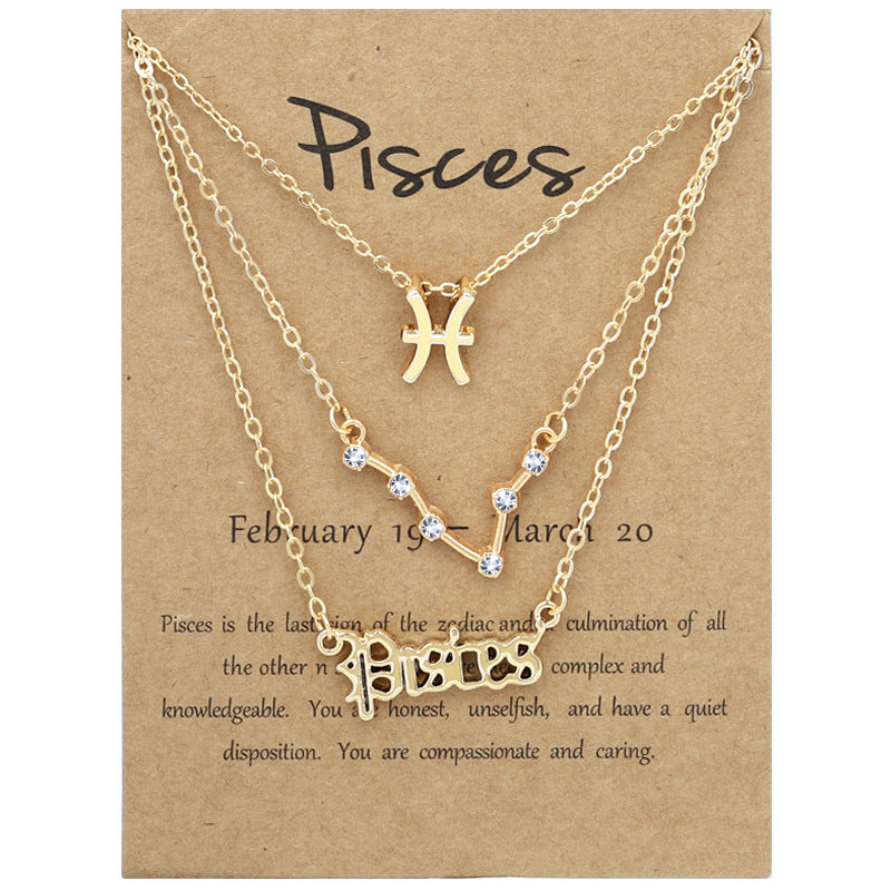 Twelve signs of the zodiac vintage letters symbols set diamond three pieces clavicle chain